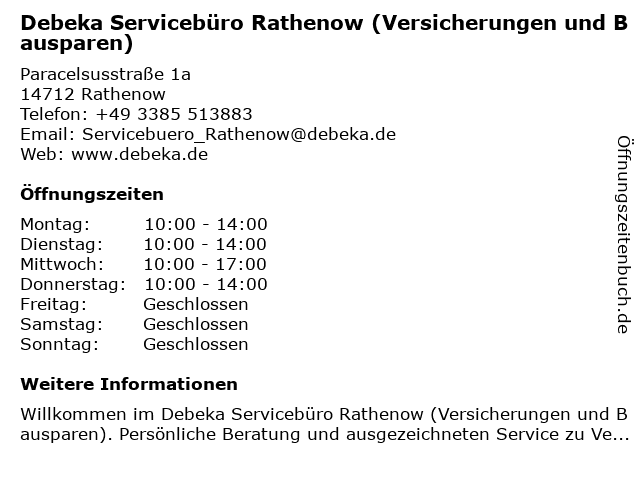 Debeka Servicebüro Rathenow (Versicherungen und Bausparen) in Rathenow: Adresse und Öffnungszeiten