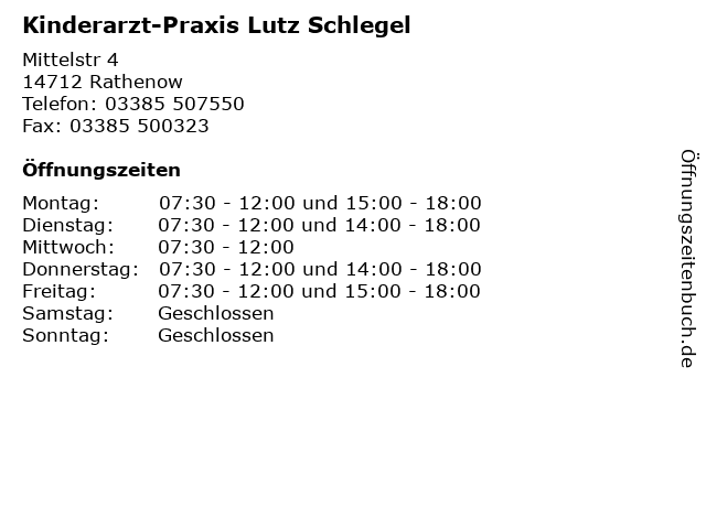 Kinderarzt-Praxis Lutz Schlegel in Rathenow: Adresse und Öffnungszeiten