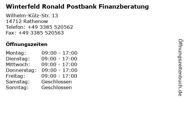 Winterfeld Ronald Postbank Finanzberatung in Rathenow: Adresse und Öffnungszeiten