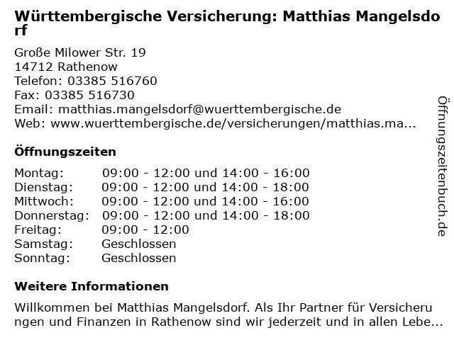 Württembergische Versicherung: Matthias Mangelsdorf in Rathenow: Adresse und Öffnungszeiten