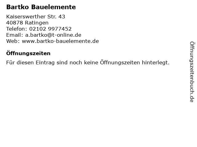 Bartko Bauelemente in Ratingen: Adresse und Öffnungszeiten