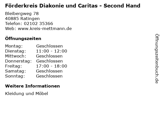 Förderkreis Diakonie und Caritas - Second Hand in Ratingen: Adresse und Öffnungszeiten