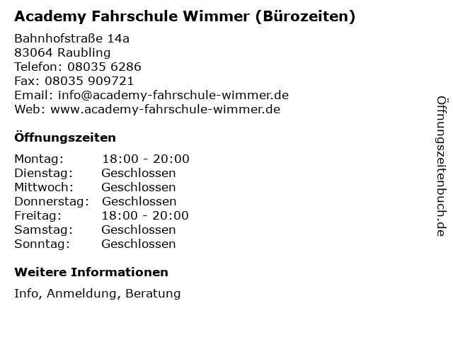 Academy Fahrschule Wimmer (Bürozeiten) in Raubling: Adresse und Öffnungszeiten