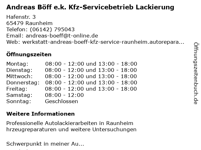Andreas Böff e.k. Kfz-Servicebetrieb Lackierung in Raunheim: Adresse und Öffnungszeiten