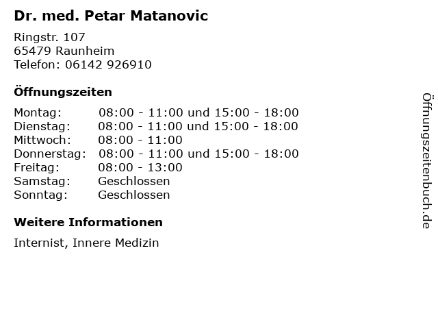 Dr. med. Petar Matanovic in Raunheim: Adresse und Öffnungszeiten