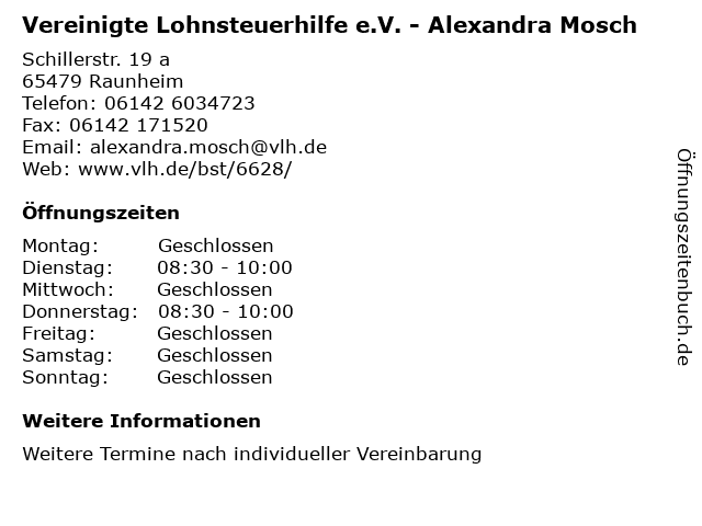 Vereinigte Lohnsteuerhilfe e.V. - Alexandra Mosch in Raunheim: Adresse und Öffnungszeiten