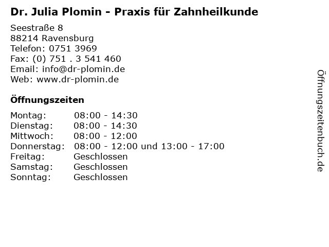 Dr. Julia Plomin - Praxis für Zahnheilkunde in Ravensburg: Adresse und Öffnungszeiten
