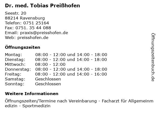 Dr. med. Tobias Preißhofen in Ravensburg: Adresse und Öffnungszeiten