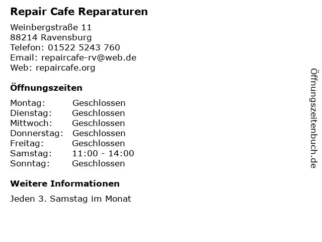Repair Cafe Reparaturen in Ravensburg: Adresse und Öffnungszeiten