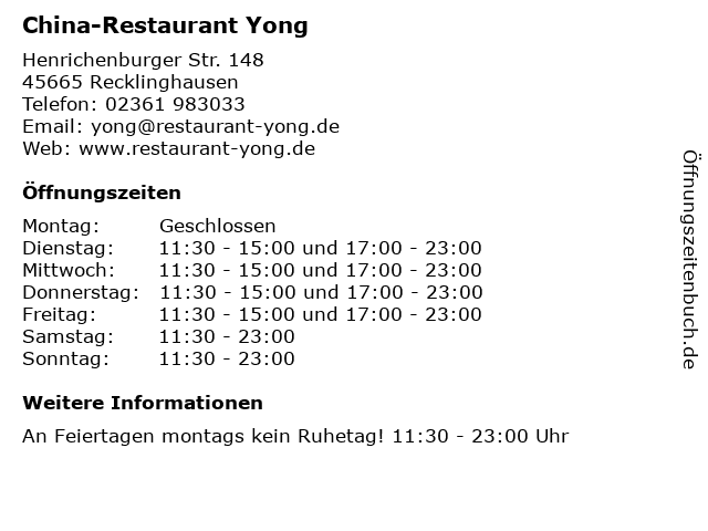 China-Restaurant Yong in Recklinghausen: Adresse und Öffnungszeiten