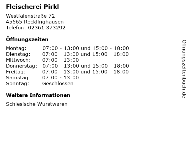 Fleischerei Pirkl in Recklinghausen: Adresse und Öffnungszeiten