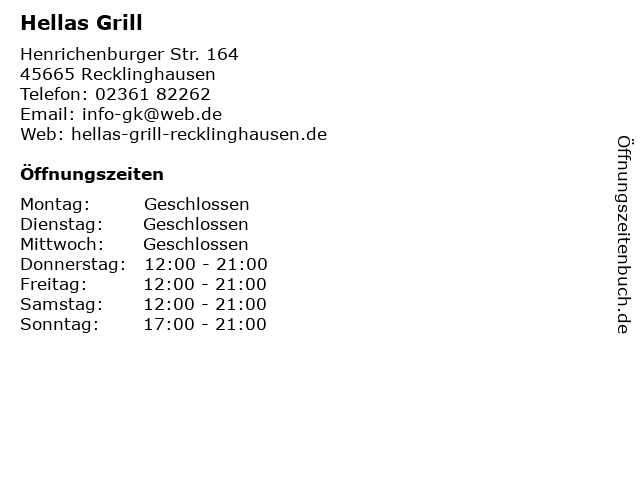 Hellas Grill in Recklinghausen: Adresse und Öffnungszeiten