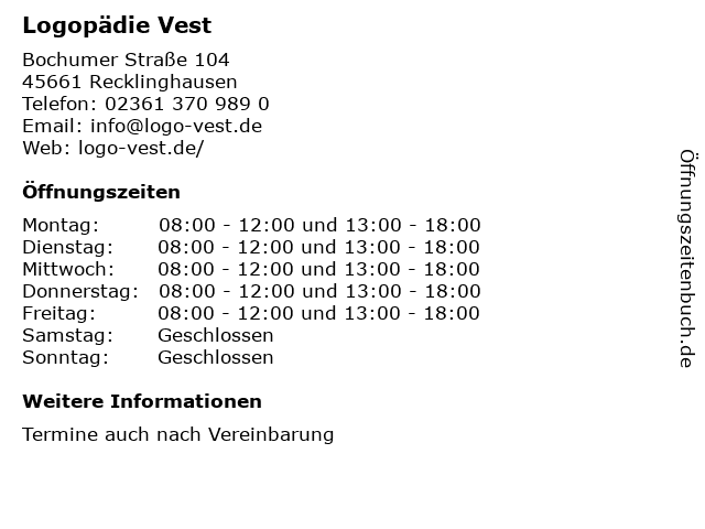 Logopädie Vest in Recklinghausen: Adresse und Öffnungszeiten