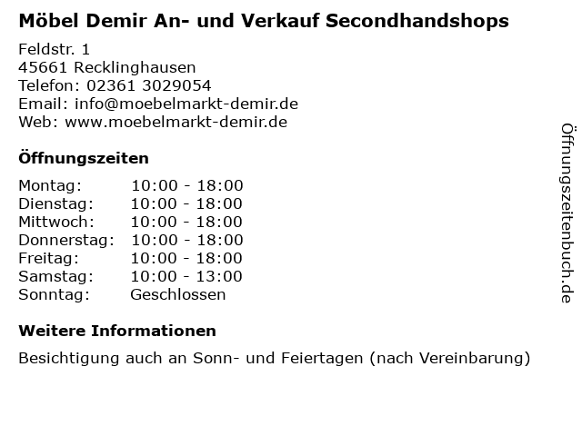 Möbel Demir An- und Verkauf Secondhandshops in Recklinghausen: Adresse und Öffnungszeiten