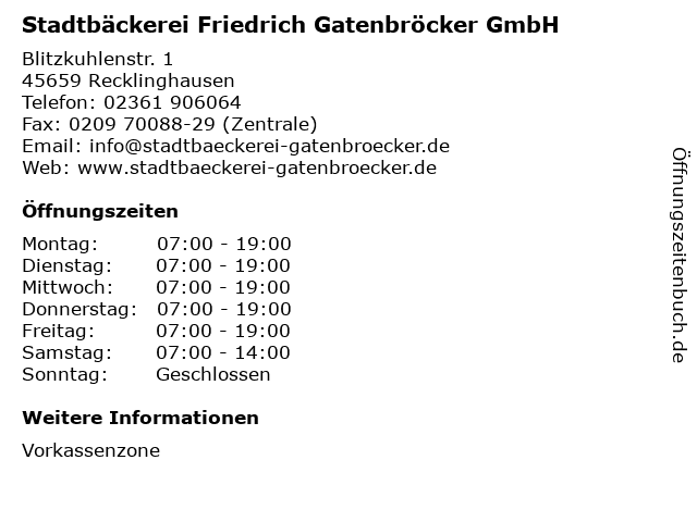 Stadtbäckerei Friedrich Gatenbröcker GmbH in Recklinghausen: Adresse und Öffnungszeiten