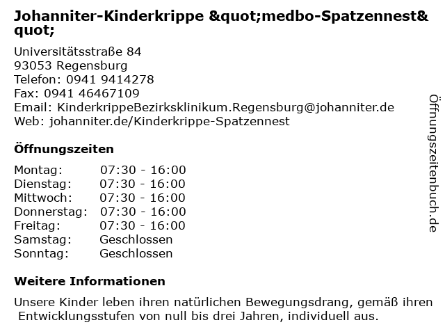 Johanniter-Kinderkrippe "medbo-Spatzennest" in Regensburg: Adresse und Öffnungszeiten