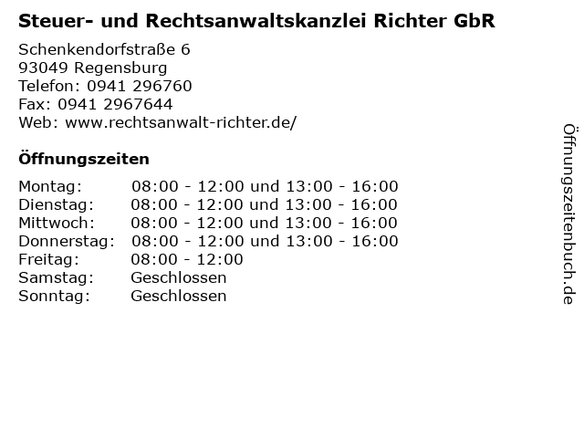 Steuer- und Rechtsanwaltskanzlei Richter GbR in Regensburg: Adresse und Öffnungszeiten