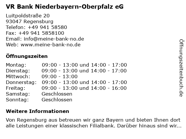 ᐅ Offnungszeiten Vr Bank Niederbayern Oberpfalz Eg