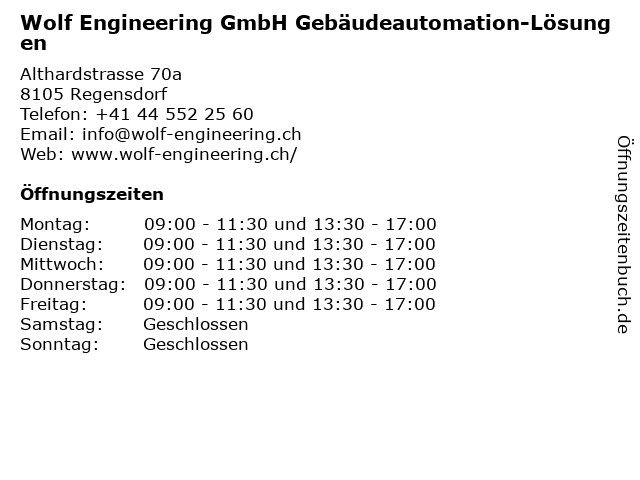 Wolf Engineering GmbH Gebäudeautomation-Lösungen in Regensdorf: Adresse und Öffnungszeiten
