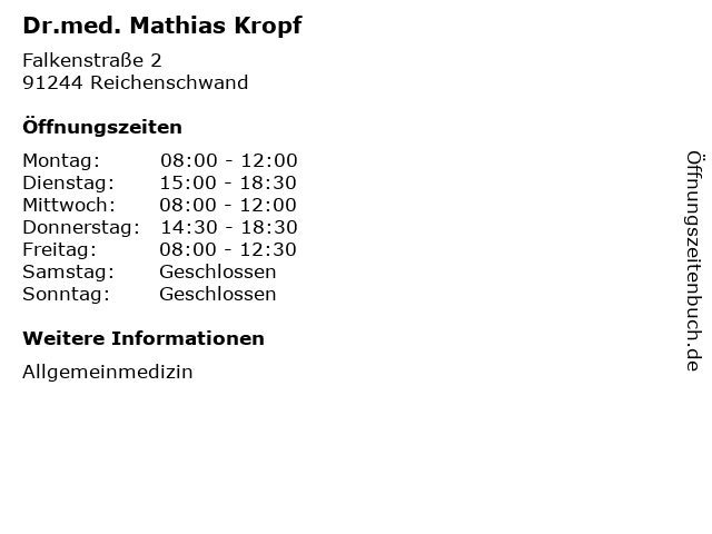 Dr.med. Mathias Kropf in Reichenschwand: Adresse und Öffnungszeiten