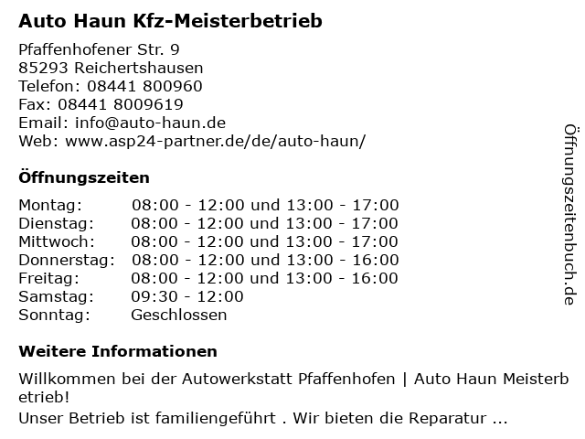 Auto Haun KFZ-Meisterbetrieb in Reichertshausen: Adresse und Öffnungszeiten