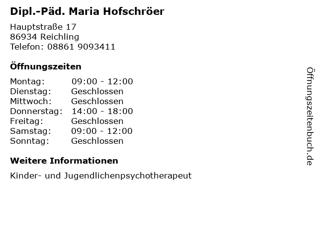 Dipl.-Päd. Maria Hofschröer in Reichling: Adresse und Öffnungszeiten