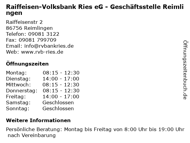 Raiffeisen-Volksbank Ries eG - Geschäftsstelle Reimlingen in Reimlingen: Adresse und Öffnungszeiten