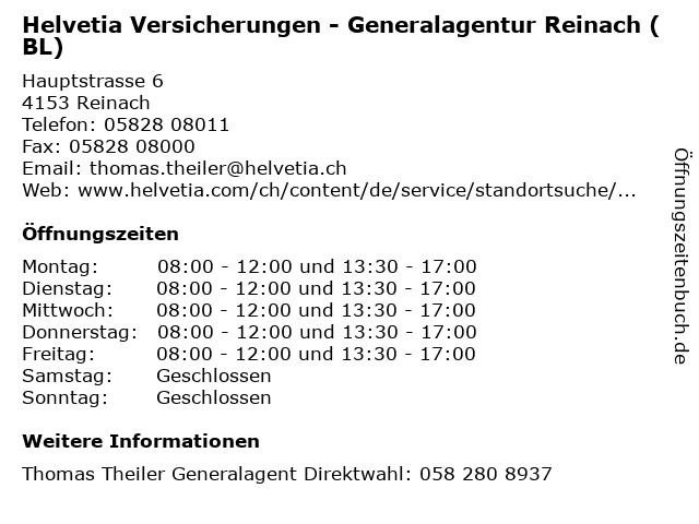Helvetia Versicherungen - Generalagentur Reinach (BL) in Reinach: Adresse und Öffnungszeiten