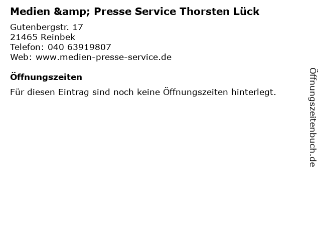 Medien & Presse Service Thorsten Lück in Reinbek: Adresse und Öffnungszeiten