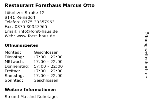 Restaurant Forsthaus Marcus Otto in Reinsdorf: Adresse und Öffnungszeiten