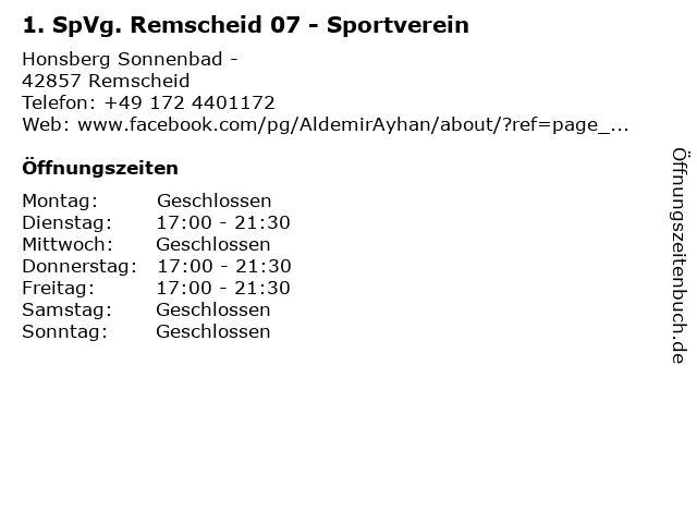 1. SpVg. Remscheid 07 - Sportverein in Remscheid: Adresse und Öffnungszeiten
