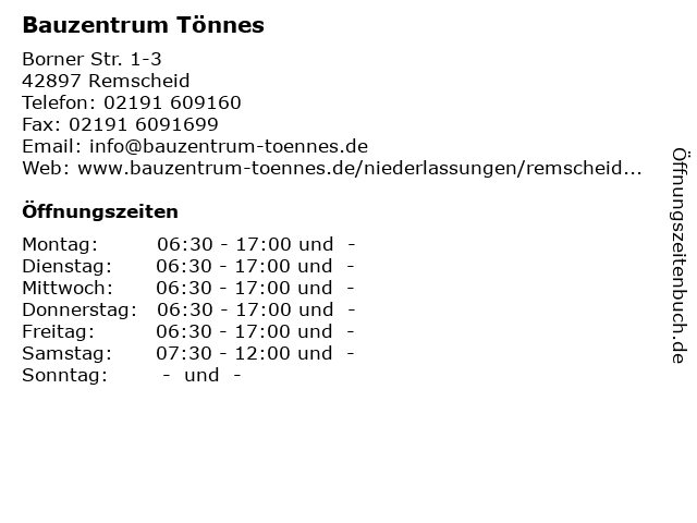 Bauzentrum Tönnes in Remscheid: Adresse und Öffnungszeiten