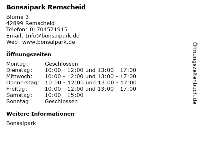 Bonsaipark Remscheid in Remscheid: Adresse und Öffnungszeiten