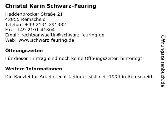 Christel Karin Schwarz-Feuring in Remscheid: Adresse und Öffnungszeiten