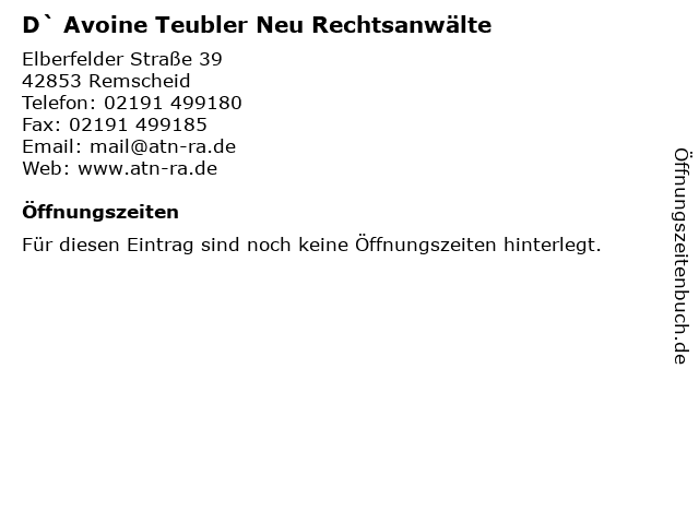 D` Avoine Teubler Neu Rechtsanwälte in Remscheid: Adresse und Öffnungszeiten
