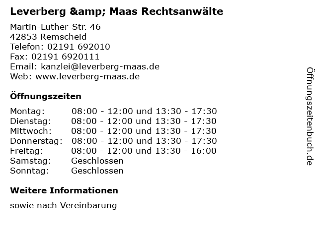 Leverberg & Maas Rechtsanwälte in Remscheid: Adresse und Öffnungszeiten