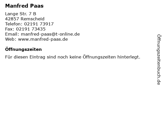 Manfred Paas in Remscheid: Adresse und Öffnungszeiten