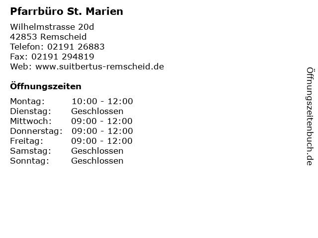 Pfarrbüro St. Marien in Remscheid: Adresse und Öffnungszeiten