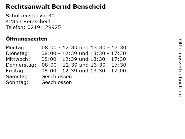 Rechtsanwalt Bernd Benscheid in Remscheid: Adresse und Öffnungszeiten