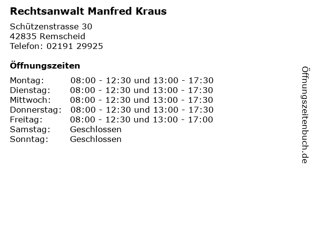 Rechtsanwalt Manfred Kraus in Remscheid: Adresse und Öffnungszeiten
