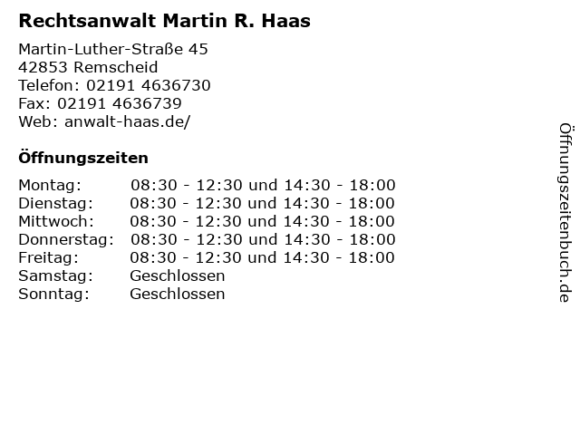 Rechtsanwalt Martin R. Haas in Remscheid: Adresse und Öffnungszeiten
