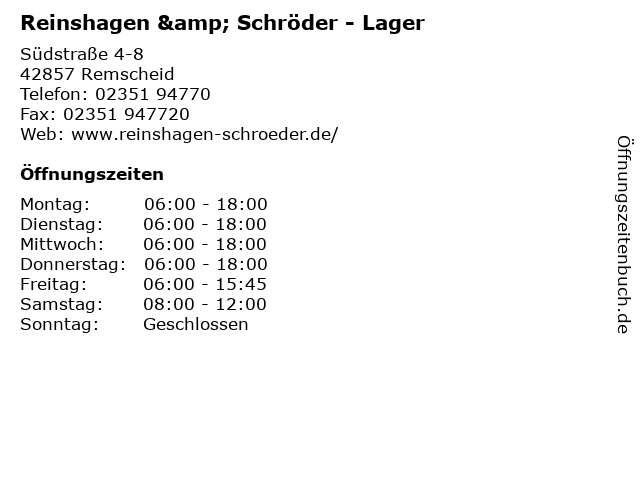 Reinshagen & Schröder - Lager in Remscheid: Adresse und Öffnungszeiten