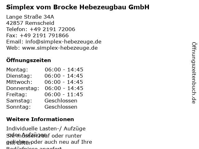 Simplex vom Brocke Hebezeugbau GmbH in Remscheid: Adresse und Öffnungszeiten