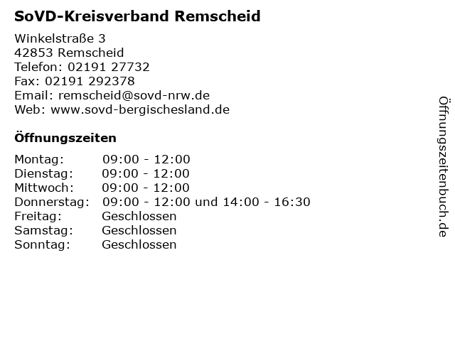 SoVD-Kreisverband Remscheid in Remscheid: Adresse und Öffnungszeiten