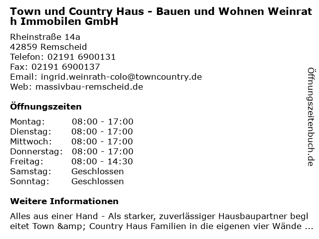 Town und Country Haus - Bauen und Wohnen Weinrath Immobilen GmbH in Remscheid: Adresse und Öffnungszeiten