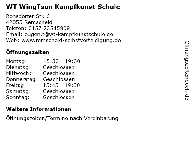 WT WingTsun Kampfkunst-Schule in Remscheid: Adresse und Öffnungszeiten
