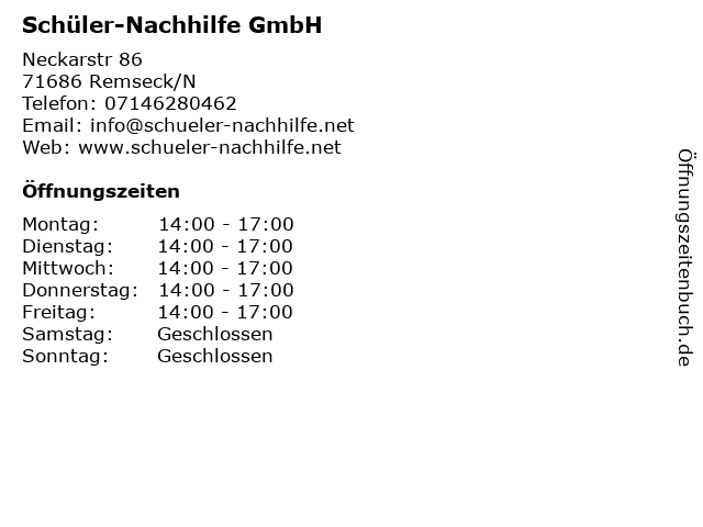 Schüler-Nachhilfe GmbH in Remseck/N: Adresse und Öffnungszeiten