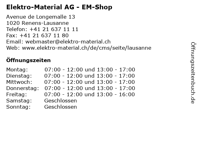 Elektro-Material AG - EM-Shop in Renens-Lausanne: Adresse und Öffnungszeiten