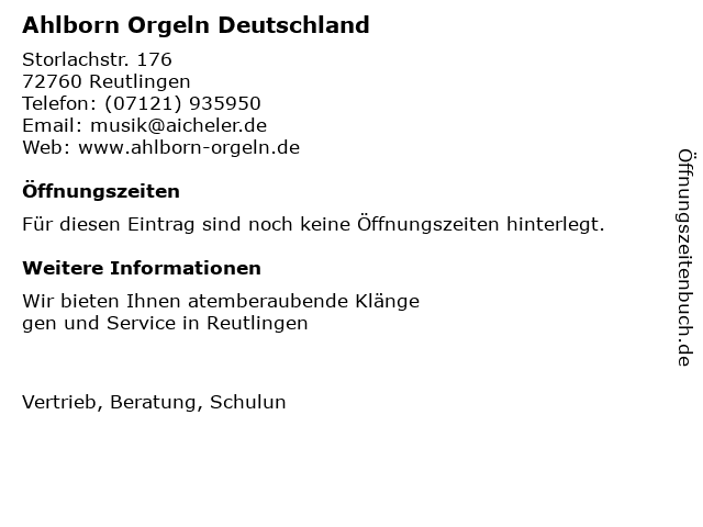 Ahlborn Orgeln Deutschland in Reutlingen: Adresse und Öffnungszeiten