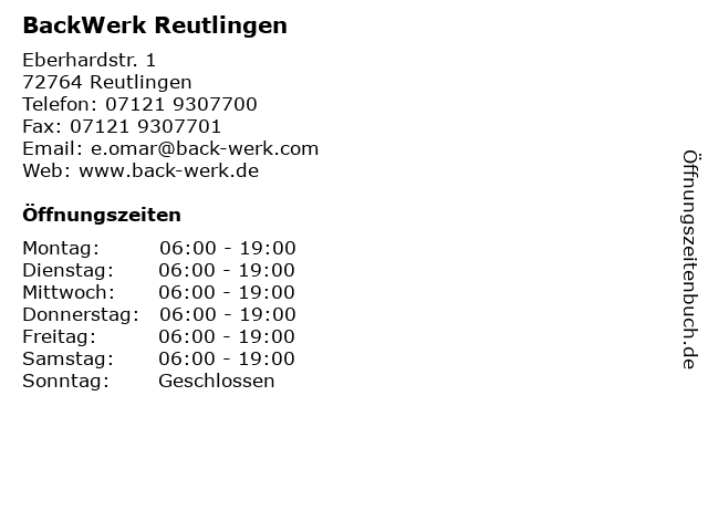 BackWerk Reutlingen in Reutlingen: Adresse und Öffnungszeiten